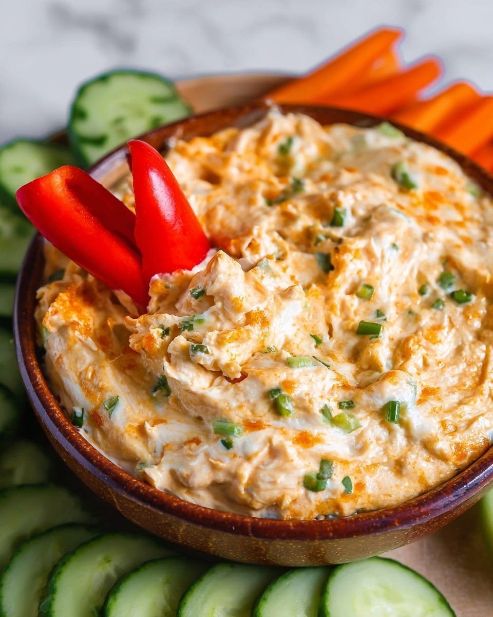 A brown round bowl filled with creamy, thick dip that has a mixed texture of smooth and chunky, showing white and orange swirls throughout, topped with small pieces of chopped green herbs scattered evenly. The dip looks soft and rich with some browned spots on the surface. Inside the bowl, a red mini bell pepper, orange mini bell pepper, and round cucumber slice are partly dipped and standing upright, showing their fresh, smooth skin and juicy insides. The bowl is placed on a white marbled surface with additional cucumber slices visible around it. photo taken with an iphone --ar 4:5 --v 7