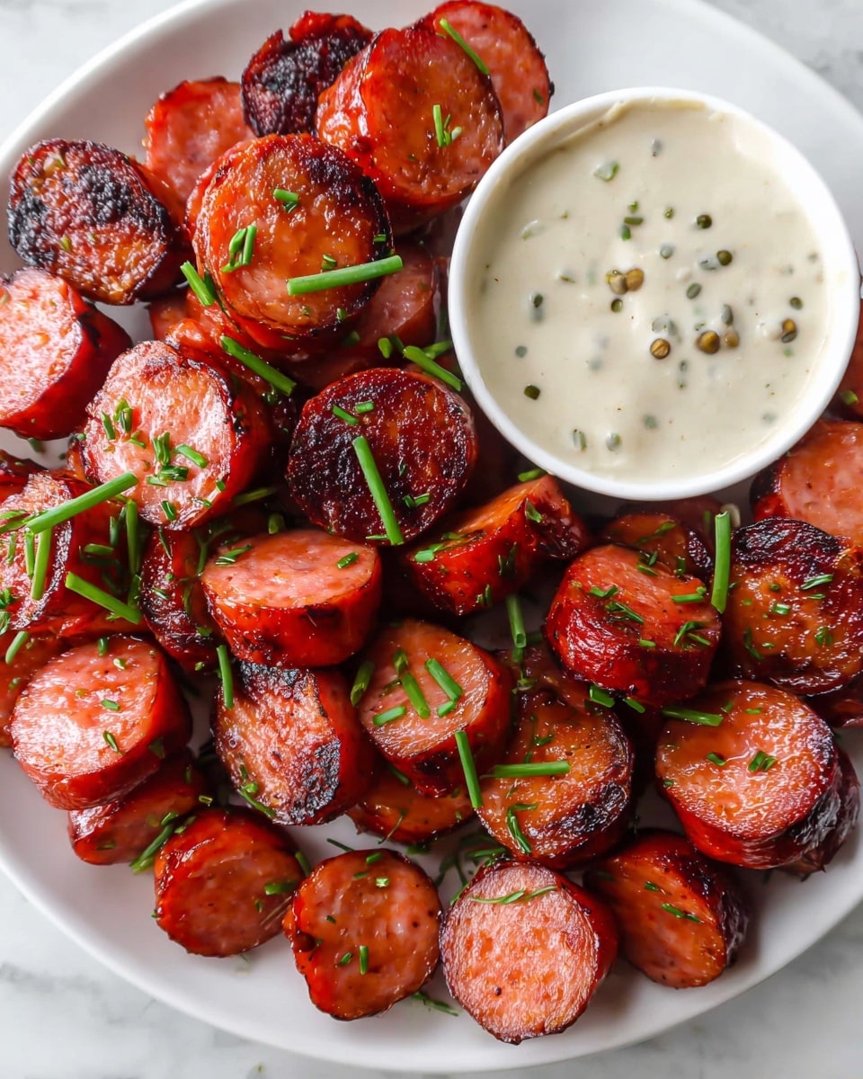 The dish shows a white ridged oval plate filled with many sliced, cooked red sausages with charred marks, creating a mix of smooth and caramelized textures. The sausages are scattered all around, garnished with small green chive pieces, giving a fresh touch. In the middle right side of the plate, there is a small white round bowl holding a creamy, speckled mustard sauce, with a small golden spoon placed inside it. The plate is set on a white marbled surface. photo taken with an iphone --ar 4:5 --v 7