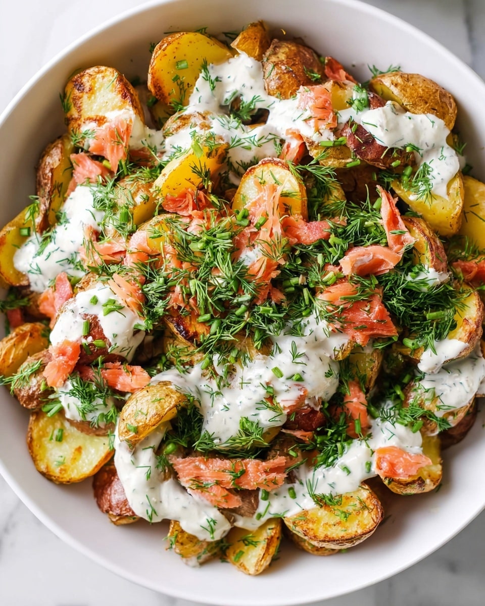 A white bowl filled with crispy roasted potato pieces that have golden brown edges and soft yellow centers. On top, there are small bits of reddish smoked salmon scattered around, along with fresh green herbs like finely chopped chives and dill sprigs spread generously. The dish is finished with a creamy white sauce drizzled unevenly over the potatoes and salmon, adding a smooth texture and a bright contrast. The white marbled surface beneath enhances the fresh and vibrant look of the dish. photo taken with an iphone --ar 4:5 --v 7