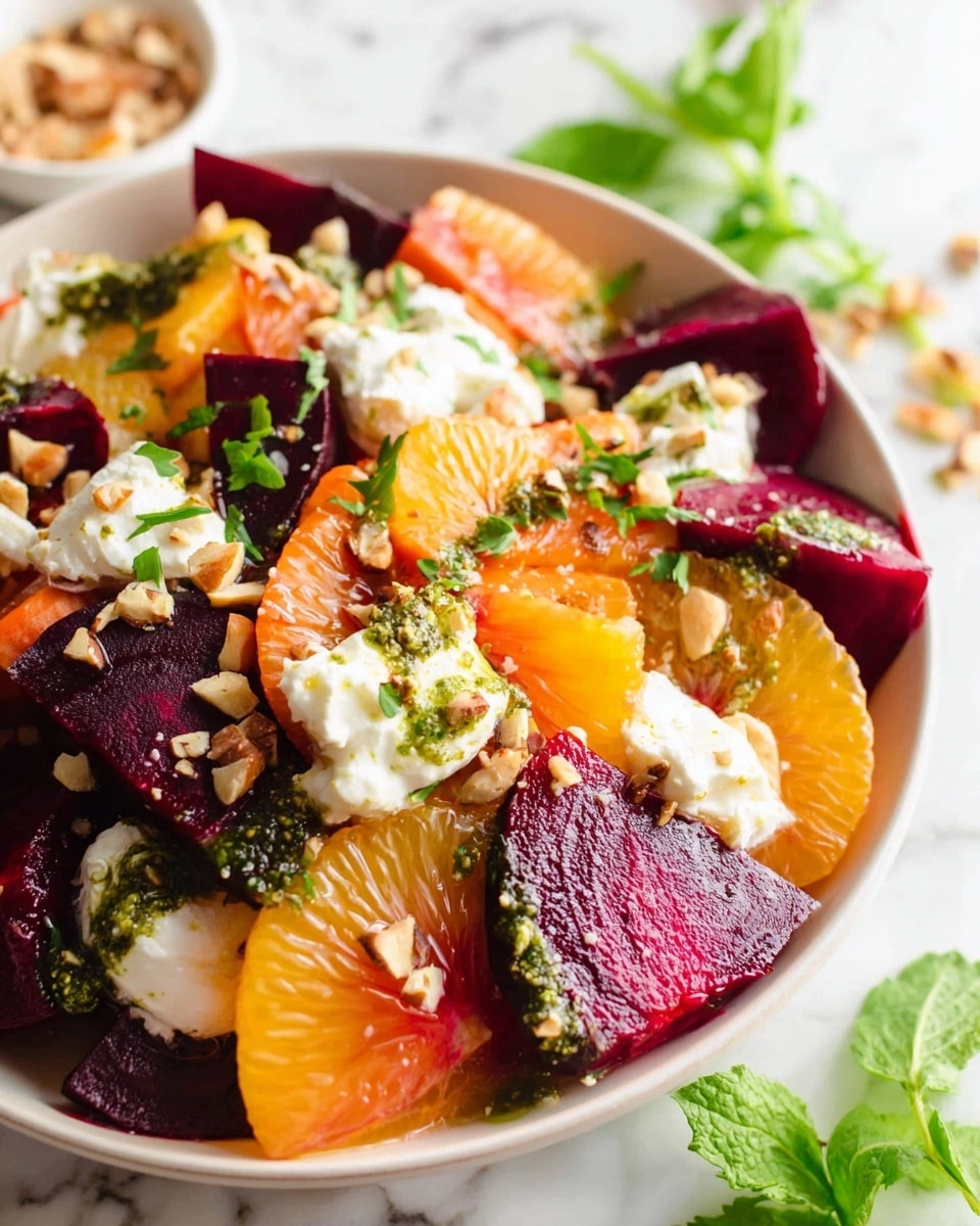 A white plate filled with a colorful layered salad, starting with a mix of thick slices of dark purple and golden beets arranged evenly on the bottom, topped with bright red and orange citrus segments scattered throughout. On top of these layers, there are two dollops of creamy white cheese, each garnished with small green pesto dollops. Bright green fresh basil leaves are placed across the whole dish, with a final sprinkle of crushed nuts for texture. A jar of green sauce with a spoon sits near the top left, fresh basil leaves on the top right, and small bowls with nuts and salt are placed around the plate on a white marbled surface. photo taken with an iphone --ar 4:5 --v 7