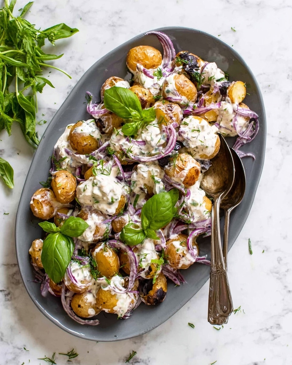 The dish is served on a large oval white plate filled with small roasted baby potatoes that have a golden brown color and slightly crisp texture. On top of the potatoes is a layer of thinly sliced light purple onions, scattered evenly. A creamy white sauce with green herbs is drizzled across the entire dish. Fresh green basil leaves are placed as garnish in two spots. Two silver spoons rest on the side of the plate. The plate sits on a white marbled surface with a small green herb bunch partially visible in the corners. photo taken with an iphone --ar 4:5 --v 7