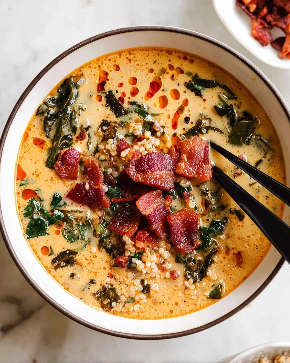 A white bowl with a thin dark rim holds a creamy orange soup with visible oil droplets on the surface. Inside the soup, there are chunks of red crispy bacon scattered on top, dark green leafy pieces, and beige grains, creating a textured and colorful mix. A pair of black chopsticks with a gold tip rests on the edge of the bowl, slightly submerged in the soup. In the background, parts of white bowls filled with red food pieces are partially visible against a white marbled texture surface. photo taken with an iphone --ar 4:5 --v 7
