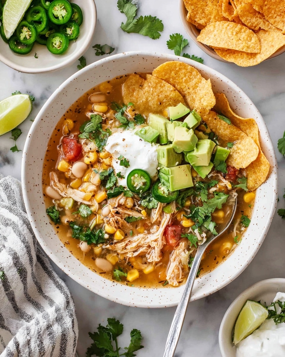 A bowl filled with a thick soup containing shredded chicken, corn, beans, and diced tomatoes in a light brown broth is topped with several layers of garnishes. On top, there are bright green diced avocado chunks, sliced jalapeños, a dollop of white sour cream, fresh cilantro leaves, a wedge of lime, and several orange tortilla chips leaning on one side. A silver spoon rests inside the bowl. Around the bowl, there are scattered fresh cilantro leaves and a small white bowl of orange spice, both set on a white marbled surface with a soft textured white fabric beneath. Photo taken with an iphone --ar 4:5 --v 7