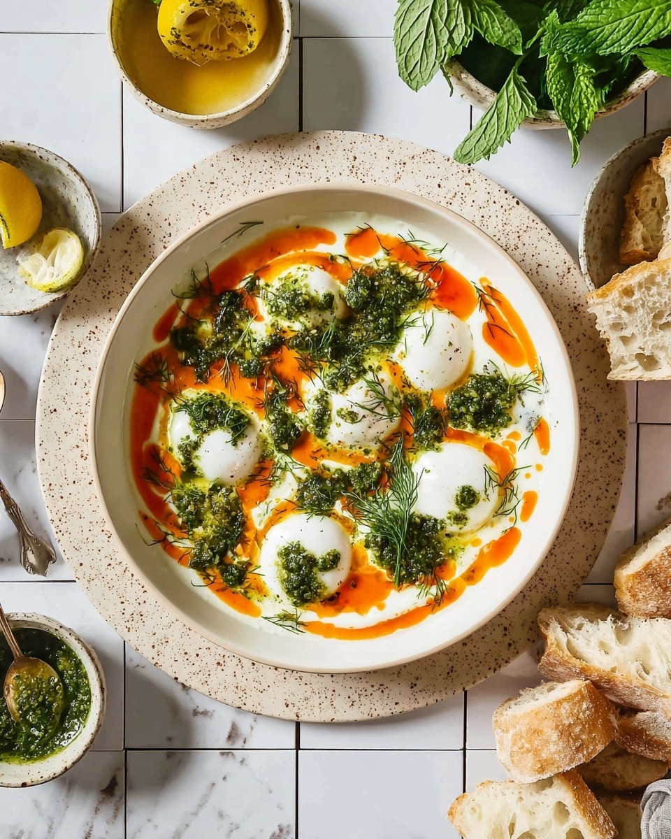 A white bowl with a pale beige rim holds a creamy white base topped with five white, soft-looking poached eggs arranged across the surface. Bright orange-red sauce is drizzled around the eggs in irregular patterns. Small spoonfuls of bright green herb sauce, with visible chopped herbs, are scattered over the eggs and white base, adding contrast. Fresh green parsley and dill sprigs decorate the middle and edges of the dish. The bowl sits on a speckled cream plate, placed on a white marbled surface with a subtle grid design. On the right, broken pieces of crusty white bread rest partially on the plate and surface. Surrounding the bowl are small dishes, one with green sauce and a spoon, another with an orange sauce, and a white dish of halved lemons and fresh mint leaves. photo taken with an iphone --ar 4:5 --v 7