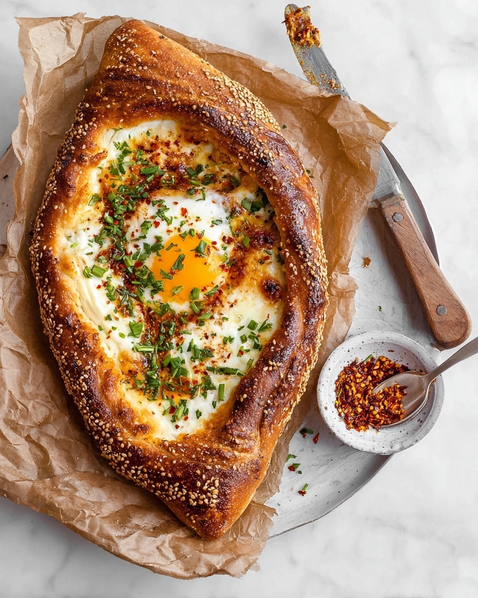 A boat-shaped golden-brown bread with a thick, textured crust sprinkled with sesame seeds and spices forms the base layer, cradling a creamy white cheese filling as the second layer. At the center, a runny sunny-side-up egg with a bright yellow yolk is surrounded by melted cheese, with green chopped herbs and reddish-brown chili flakes scattered on top, adding colorful texture. The bread rests on crumpled light brown parchment paper atop a round white plate, with a wooden-handled knife positioned beside the bread. Nearby, a small white bowl filled with reddish chili flakes includes a spoon coated with some of the spices. The whole scene sits on a white marbled texture. Photo taken with an iphone --ar 4:5 --v 7