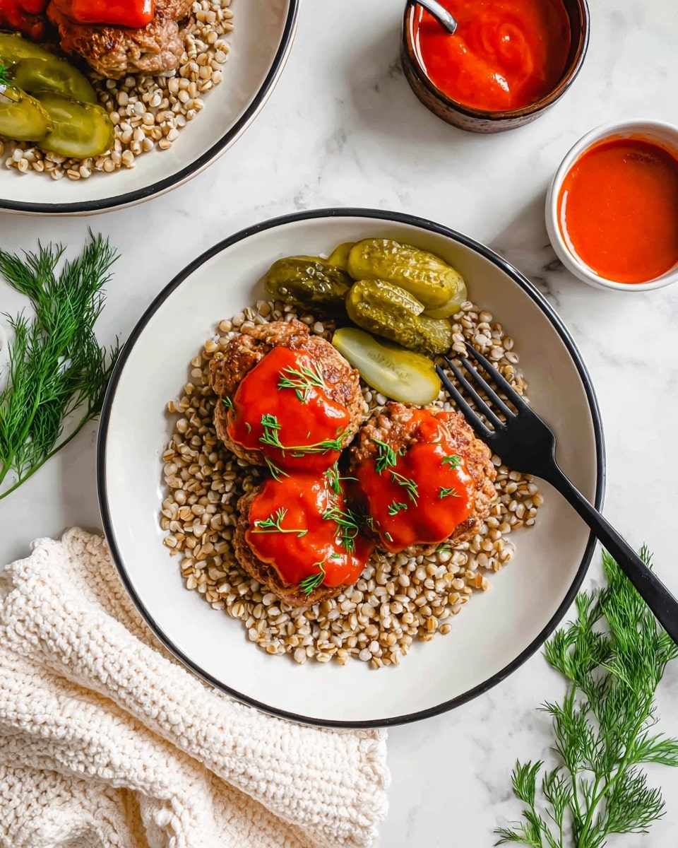 A white plate with a thin black rim holds a base layer of cooked buckwheat, light brown with a slightly rough texture, filling most of the plate. On top are three browned meat patties spaced evenly, each covered with a bright red, smooth tomato sauce that glistens. To the side of the patties, there are three small green pickle slices standing upright, showing a bumpy texture. A small sprig of green dill is placed on each meat patty, adding fresh detail. A black fork rests on the right side of the plate, partially touching the buckwheat and one patty. The plate is on a white marbled surface with a small bowl of red sauce, another plate with buckwheat and patties, sprigs of green dill scattered around, and a cream-colored knitted cloth nearby. photo taken with an iphone --ar 4:5 --v 7