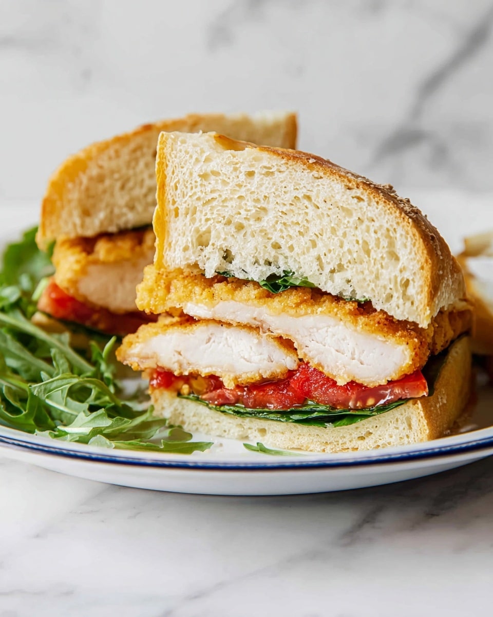 The image shows a sandwich cut in half and placed on a white plate with a blue rim, set on a white marbled surface. The sandwich has three visible layers: the top and bottom layers are thick pieces of soft, light beige bread with a porous texture. Inside, there are two thick, golden-brown breaded chicken fillets stacked, with the bottom chicken layer resting on a slice of bright red tomato and a few green leafy spinach leaves. At the back of the plate, some green arugula leaves are visible, adding a fresh touch to the presentation. The photo is close up and well-lit, showing the textures of the bread and chicken clearly. Photo taken with an iphone --ar 4:5 --v 7