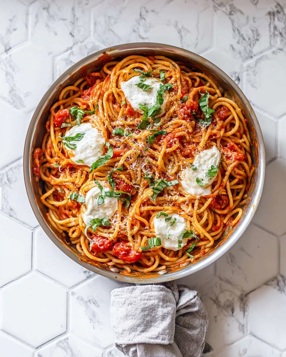A pan filled with thick spaghetti noodles mixed with a red tomato sauce, scattered with small chunks of bright red tomatoes. On top, there are several dollops of soft white cheese, possibly ricotta or fresh mozzarella, each topped with small green basil leaves. The spaghetti looks glossy and well-coated in the sauce, with some grated pale cheese sprinkled lightly throughout. The pan handle is visible, wrapped in a light grey cloth, all on a white marbled surface with a hexagonal tile pattern. photo taken with an iphone --ar 4:5 --v 7