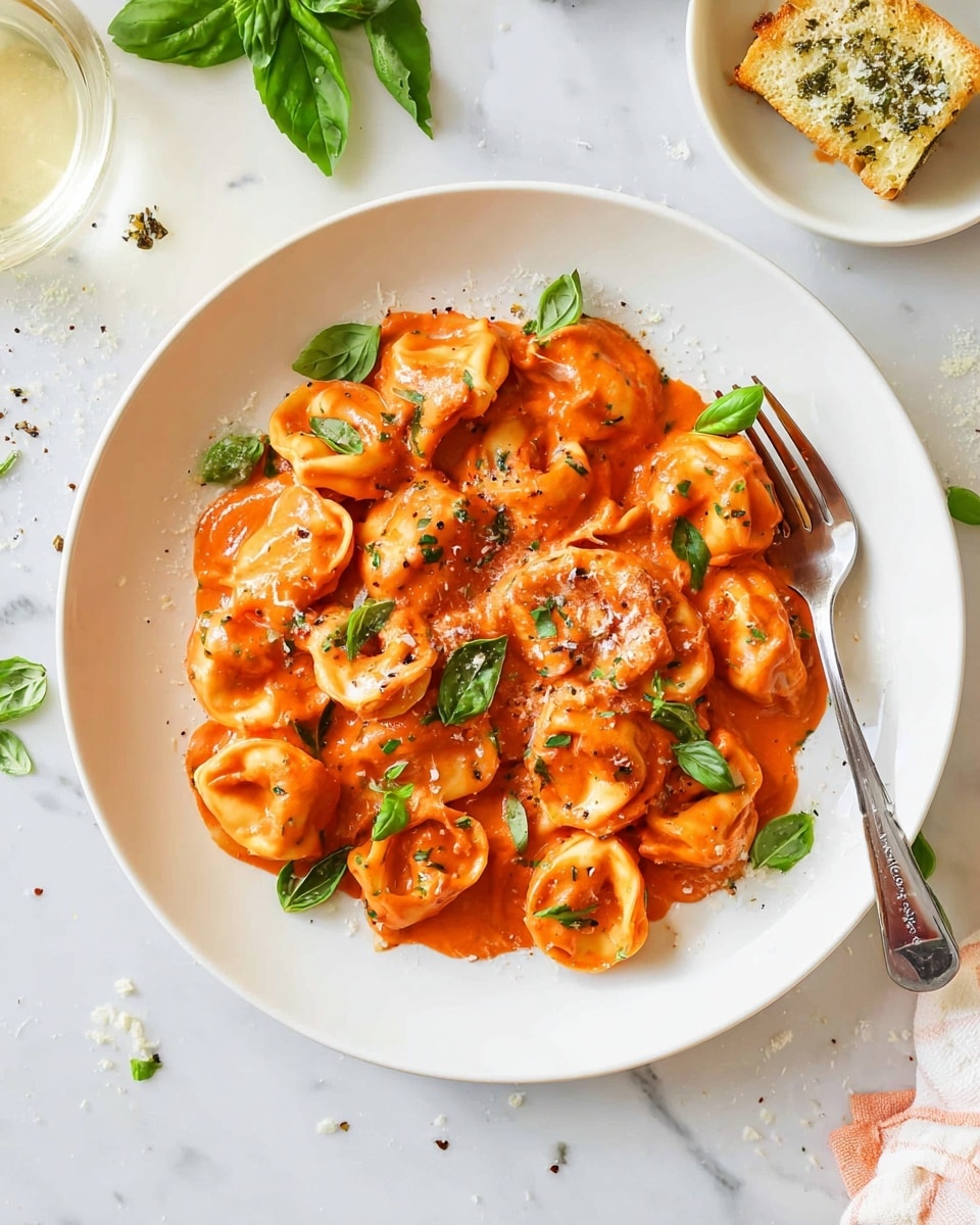 A white plate filled with around twenty pieces of tortellini pasta covered in bright orange-red creamy tomato sauce, garnished with small fresh green basil leaves scattered on top and around. The pasta pieces have a slightly folded shape, and the sauce has a smooth texture with some flecks of herbs mixed in. A silver fork is resting on the right side of the plate among the pasta. The background is a white marbled surface with some loose basil leaves and grated cheese sprinkled around. Near the top right is a white bowl containing a small, golden-brown square piece of bread topped with grated cheese and pepper. Photo taken with an iphone --ar 4:5 --v 7