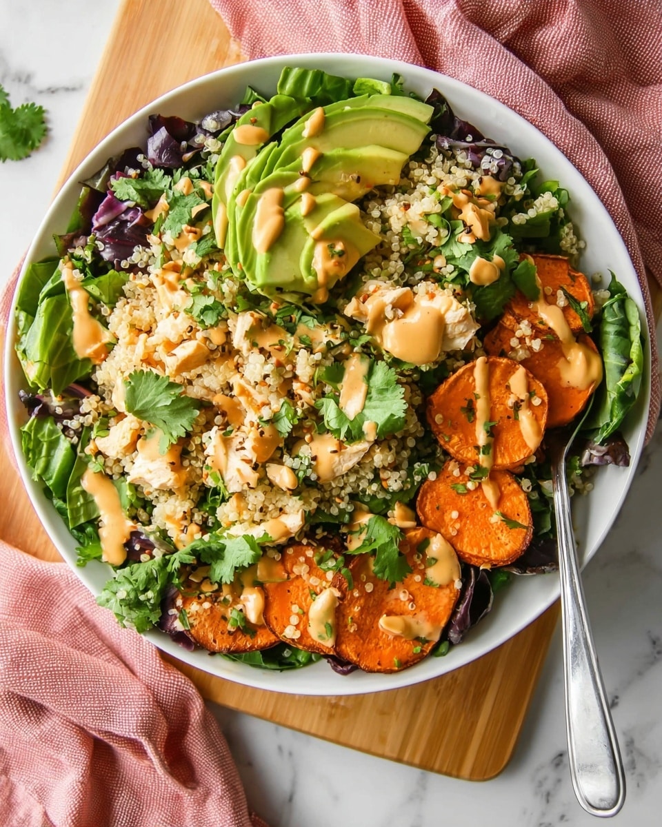 A white bowl filled with a salad that has a base layer of green and purple leafy vegetables, topped with a layer of off-white shredded chicken. On top of this are scattered beige quinoa grains, followed by round slices of bright orange roasted sweet potatoes placed evenly around the bowl. Half-moon slices of light green avocado sit on the sweet potatoes. Fresh green cilantro leaves are spread all over the top, and drizzled over everything is a creamy light orange sauce. A silver fork rests inside the bowl, placed on the right side. The bowl is set on a wooden cutting board over a white marbled surface, with a pink cloth partially visible underneath. Photo taken with an iphone --ar 4:5 --v 7