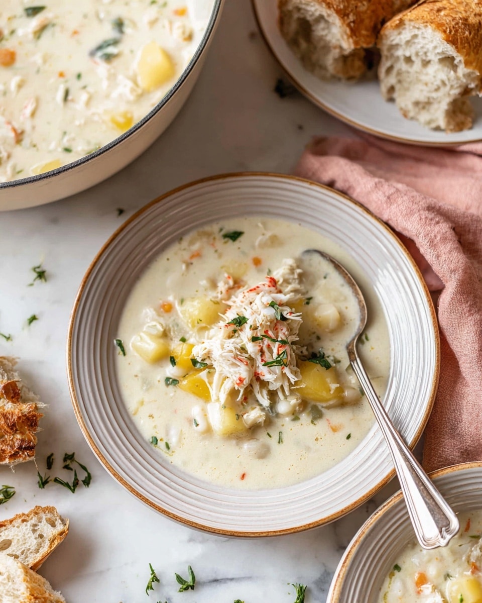 The image shows a bowl of creamy white chowder with visible chunks of yellow potatoes and small round white pieces, topped with a generous mound of shredded crab meat and small green herb sprigs scattered on top. The chowder is thick and slightly glossy, filling a white plate with subtle ridges along the rim and a light brown edge. A silver spoon rests inside the chowder on the right side of the plate. Around the bowl, there are broken pieces of rustic bread with a golden crust and soft interior, placed on a soft pink cloth and a few green herbs scattered on a white marbled surface. Behind the bowl, a pot filled with the same chowder is partially visible. photo taken with an iphone --ar 4:5 --v 7