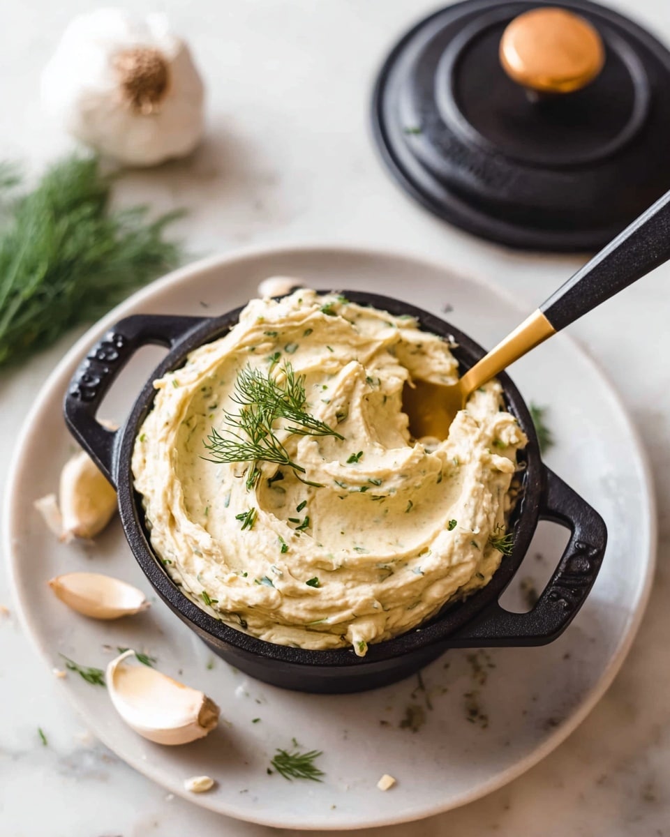 A small black cast iron pot filled with creamy, light beige-colored spread that has visible small green herb flecks mixed in, topped with a few sprigs of fresh dill. The spread is swirled with soft peaks on the surface, showing a thick and smooth texture. A gold and black spoon is dipped into the spread on the right side of the pot. This pot sits on a white round plate, which has scattered garlic cloves and a small bunch of dill to the left side. The scene is set on a white marbled texture. The black cast iron lid with a wooden knob lies near the top right corner, slightly blurred. Photo taken with an iphone --ar 4:5 --v 7