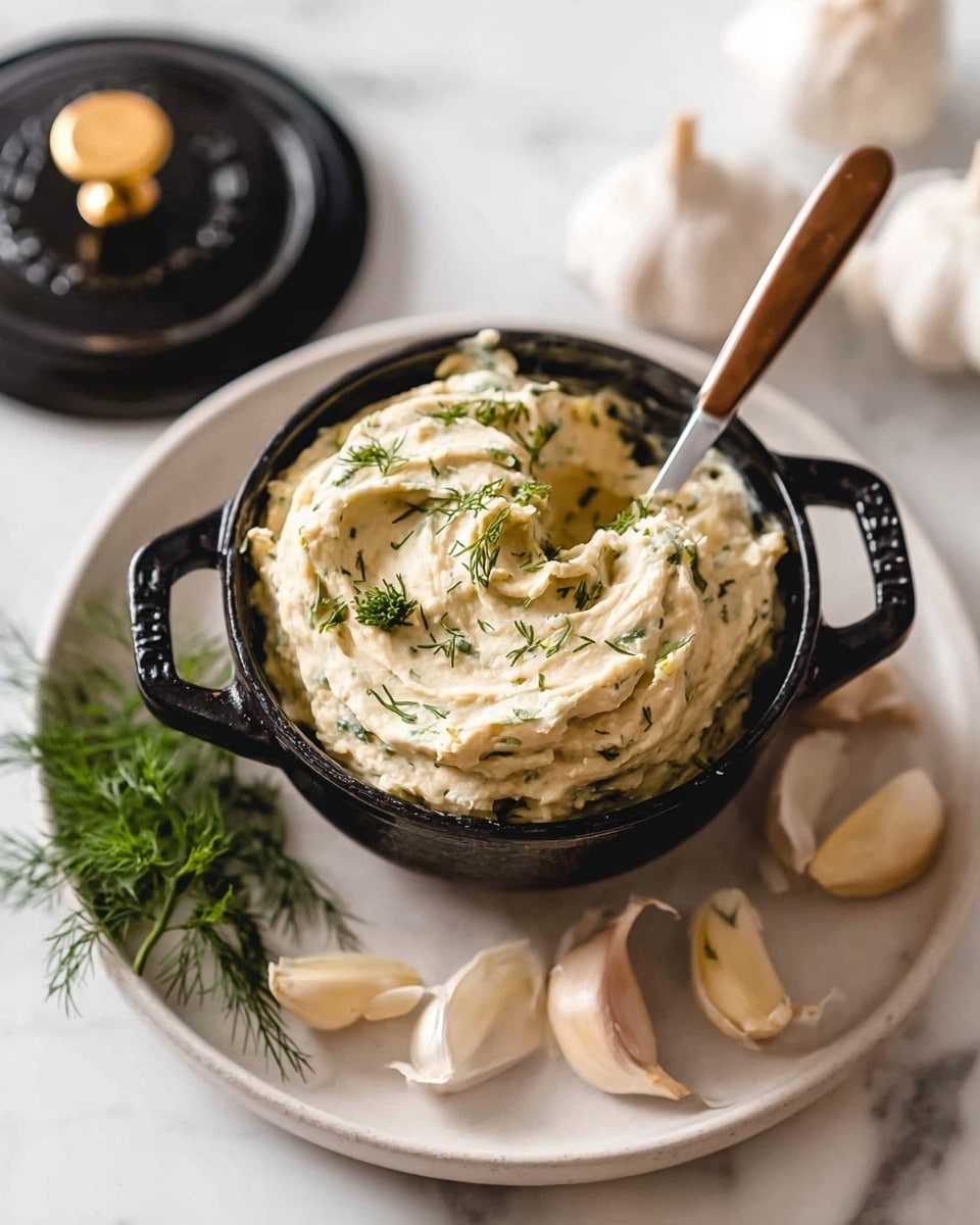 A small black cast iron pot filled with a creamy, light beige spread that has flecks of green herbs mixed throughout, giving it a textured look. The spread is swirled on top with visible peaks and valleys, garnished with tiny sprigs of fresh green dill. A spoon with a light brown wooden handle and silver scoop is partially dipped into the spread. The pot is placed on a round white plate surrounded by peeled garlic cloves and some loose garlic skin, with a fresh dill sprig on the plate to the left. The background is a white marbled surface, and a matching black lid with gold center rests nearby. Photo taken with an iphone --ar 4:5 --v 7