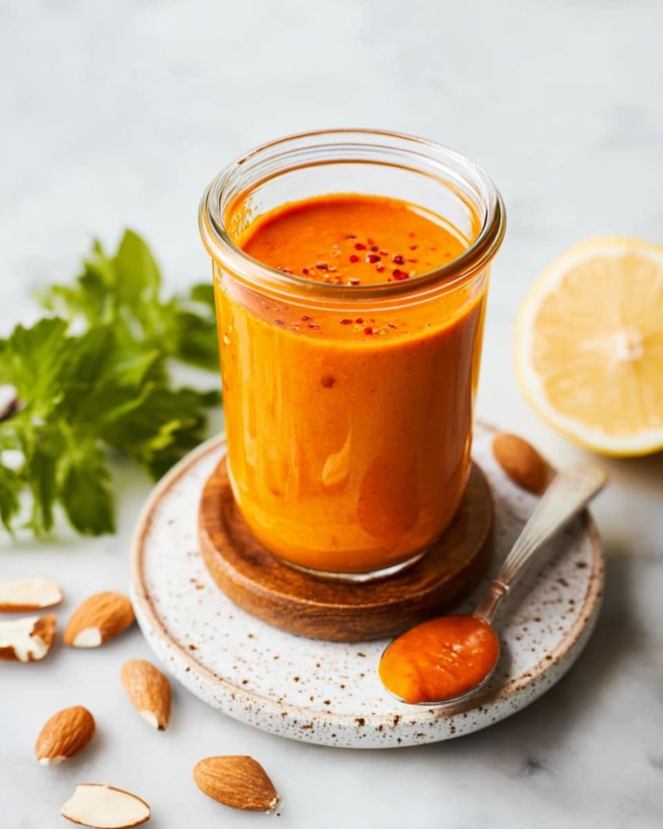 A clear glass jar filled with bright orange thick sauce, which has a smooth texture and tiny red specks, sits on a small round white plate with speckles and a wooden coaster inside. Around the jar, there are scattered peeled almonds and fresh green leafy herbs. To the right, a half lemon with a yellow color is placed on the white marbled surface. A silver spoon rests on the plate next to the jar, holding some of the same orange sauce. The scene is softly lit and clean, with a light and fresh feel. photo taken with an iphone --ar 4:5 --v 7