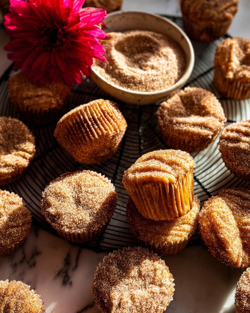 The image shows many small cinnamon sugar muffins with a rough, textured surface dusted with sugar crystals that sparkle in warm light. The muffins have a golden brown color with ribbed sides from the paper liners, some standing up and some lying on their sides. They are arranged closely together on a black wire cooling rack over a white marbled surface. Near the bottom left, two muffins sit inside a small white bowl filled with cinnamon sugar. A bright red flower is seen in the upper part of the image for decoration. The whole scene is warmly lit, enhancing the crumbly texture and sugar coating on the muffins. photo taken with an iphone --ar 4:5 --v 7
