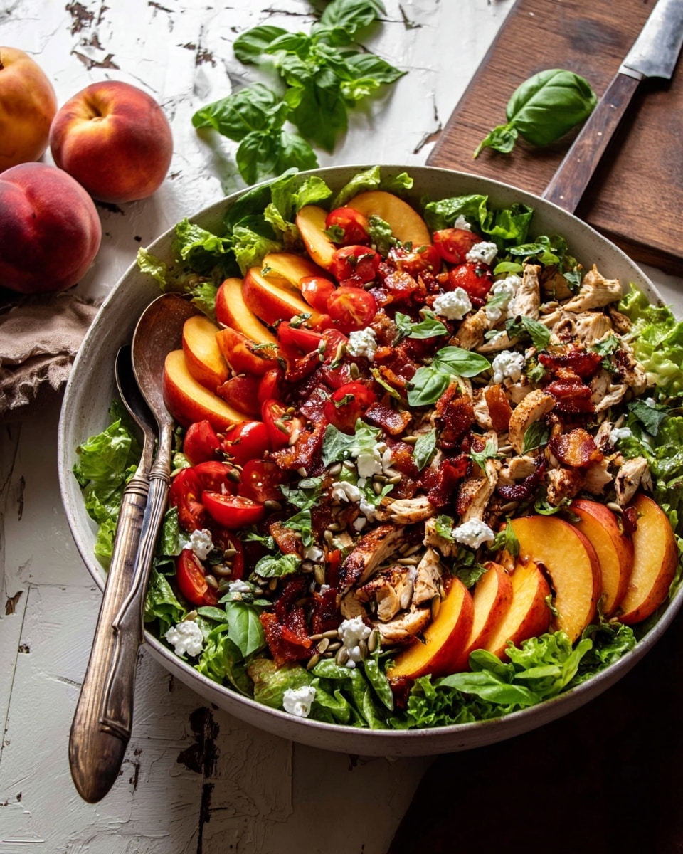 A large white bowl filled with a colorful salad sits on a white marbled surface. The bottom layer is made with bright green lettuce leaves and spinach spread all around. On top of this are sliced grilled chicken pieces in the center, showing golden brown grill marks. Around the chicken, there are thick, orange peach slices and red cherry tomatoes cut in halves. Scattered over the salad are crispy reddish-brown bacon strips and white crumbled cheese. Pumpkin seeds and fresh green basil leaves are sprinkled throughout the salad. A wooden spoon and fork with metal handles rest inside the bowl. A whole peach with green leaves and a silver knife lie beside the bowl. photo taken with an iphone --ar 4:5 --v 7