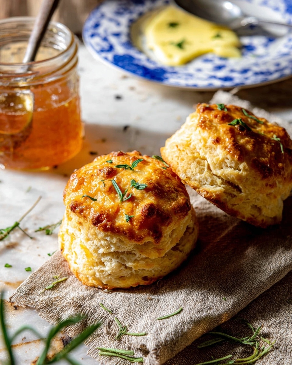 The image shows two golden brown biscuits with a slightly crispy crust on top and a soft, fluffy, pale yellow inside. One biscuit is placed on a metal spatula with a white cloth underneath. Small green herb leaves are sprinkled on top and around the biscuits. To the left, a clear jar with an amber liquid, possibly syrup or honey, is partially visible. On the right edge, part of a white plate with blue floral patterns holds a light yellow creamy sauce garnished with green herbs. The entire scene is set on a rustic textured surface, changed to a white marbled texture as per instructions. photo taken with an iphone --ar 4:5 --v 7