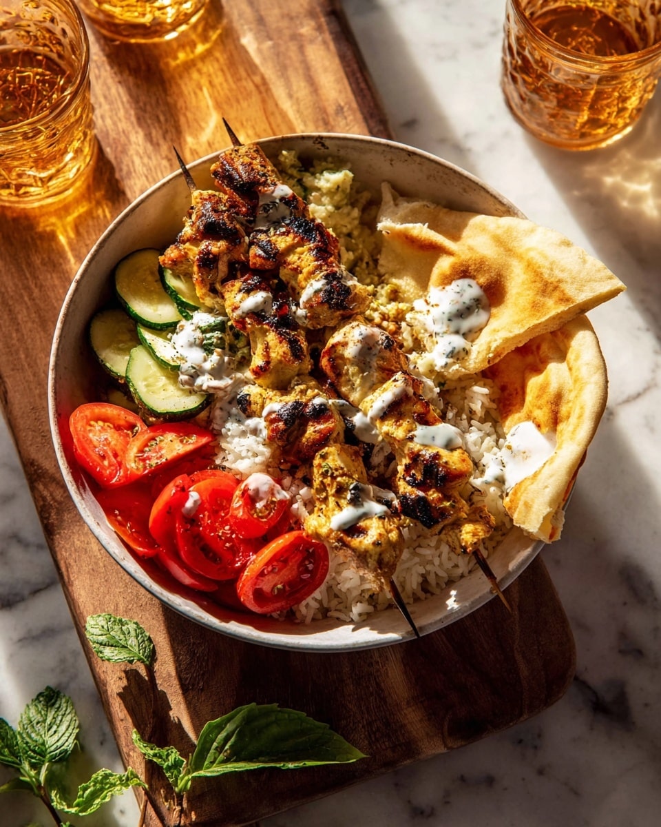 The image shows a white bowl filled with layers of food. At the bottom, there is fluffy white rice. On top, there are three skewers of grilled chicken that are golden brown with some char marks, drizzled with a white sauce. Around the chicken, there are slices of grilled red pepper and green zucchini on the left, fresh red cherry tomato halves in the middle, and two folded pieces of light golden flatbread on the right. The bowl rests on a wooden board with a small green herb leaf on the side, and there are two glasses with amber liquid in the background on a white marbled surface. The lighting is warm and bright, highlighting the textures and colors beautifully. photo taken with an iphone --ar 4:5 --v 7