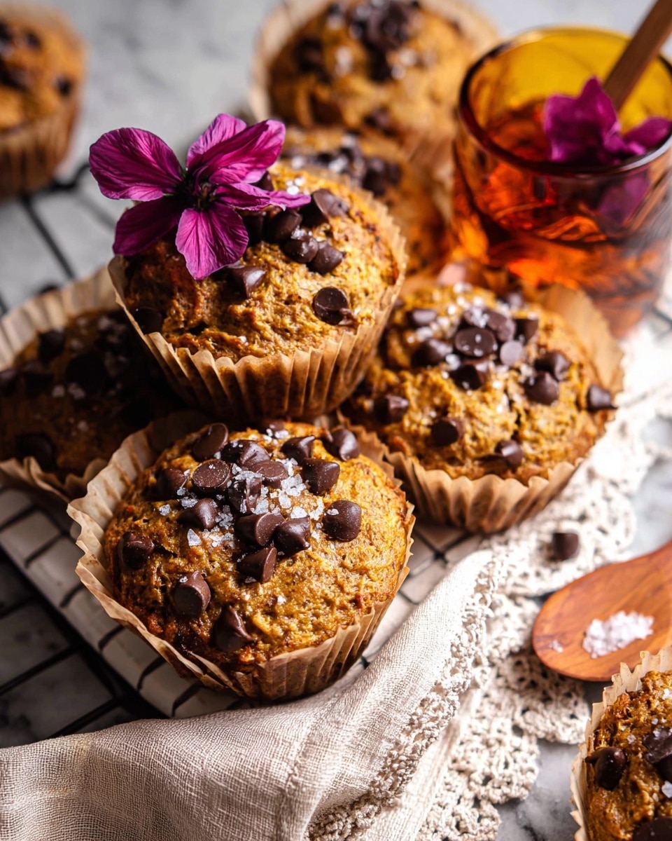The image shows several golden brown muffins with a rough, hearty texture, each topped with multiple shiny dark chocolate chips sprinkled with coarse salt. The muffins are wrapped in light brown paper liners and sit close together on a checkered white marbled surface. Near the muffins, there is a clear amber glass with a dark purple flower placed on the rim, adding a pop of color. A wooden spatula with more chocolate chips and salt flakes is placed nearby, and a beige cloth with a lace border is partially under the muffins. The photo taken with an iphone --ar 4:5 --v 7