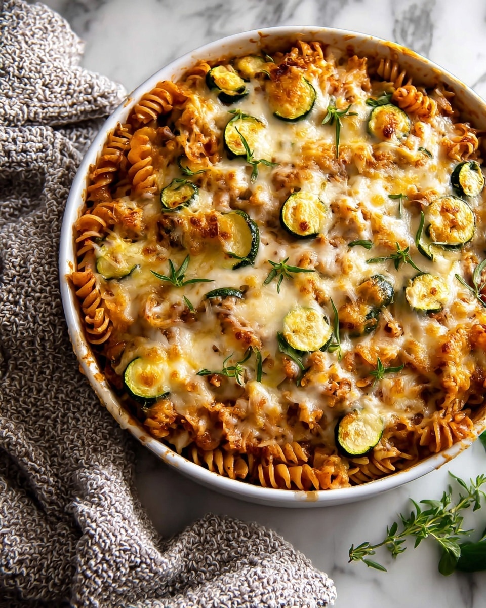A round white bowl filled with baked pasta that has 3 visible layers: the bottom layer is orange-brown sauce mixed with spiral pasta, the middle layer includes thin slices of light green zucchini, and the top layer is melted golden brown cheese sprinkled with small green leaves of fresh herbs, all sitting on a white marbled surface next to a folded textured grey cloth. photo taken with an iphone --ar 4:5 --v 7