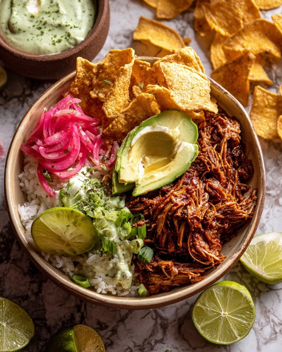 A layered bowl with shredded dark reddish-brown seasoned meat on the right side, topped with a light green avocado slice; next to it is white rice with a few pieces of bright pink pickled onions above it; to the left of the rice are crispy golden brown chips, and near them some fresh green scallion slices; a dollop of creamy light green sauce with herbs is placed near the chips; a wedge of lime with a green-yellow gradient rests on top of the rice and chips; the bowl is round with a light beige rim, set on a white marbled texture with lime halves and more golden chips nearby. photo taken with an iphone --ar 4:5 --v 7