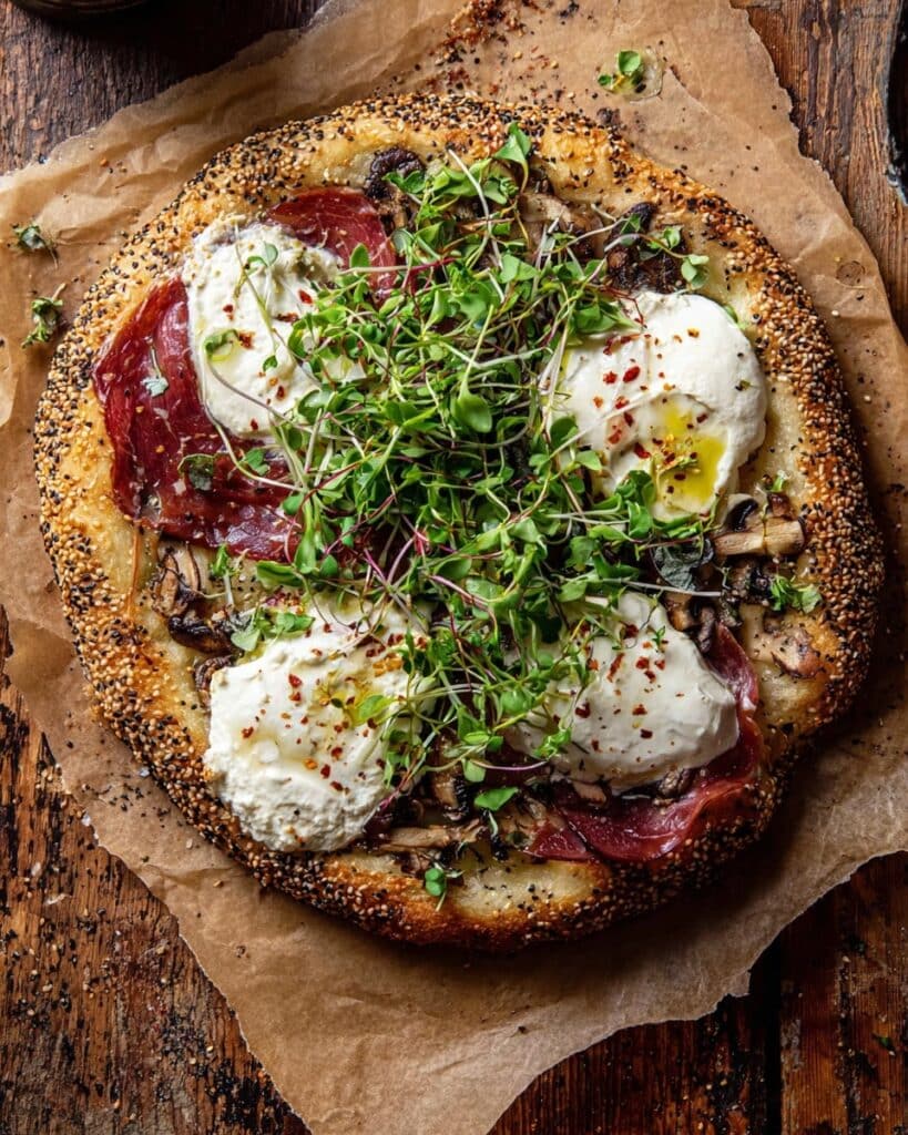 Pesto Potato Prosciutto Pizza with Burrata and Micro Arugula Recipe