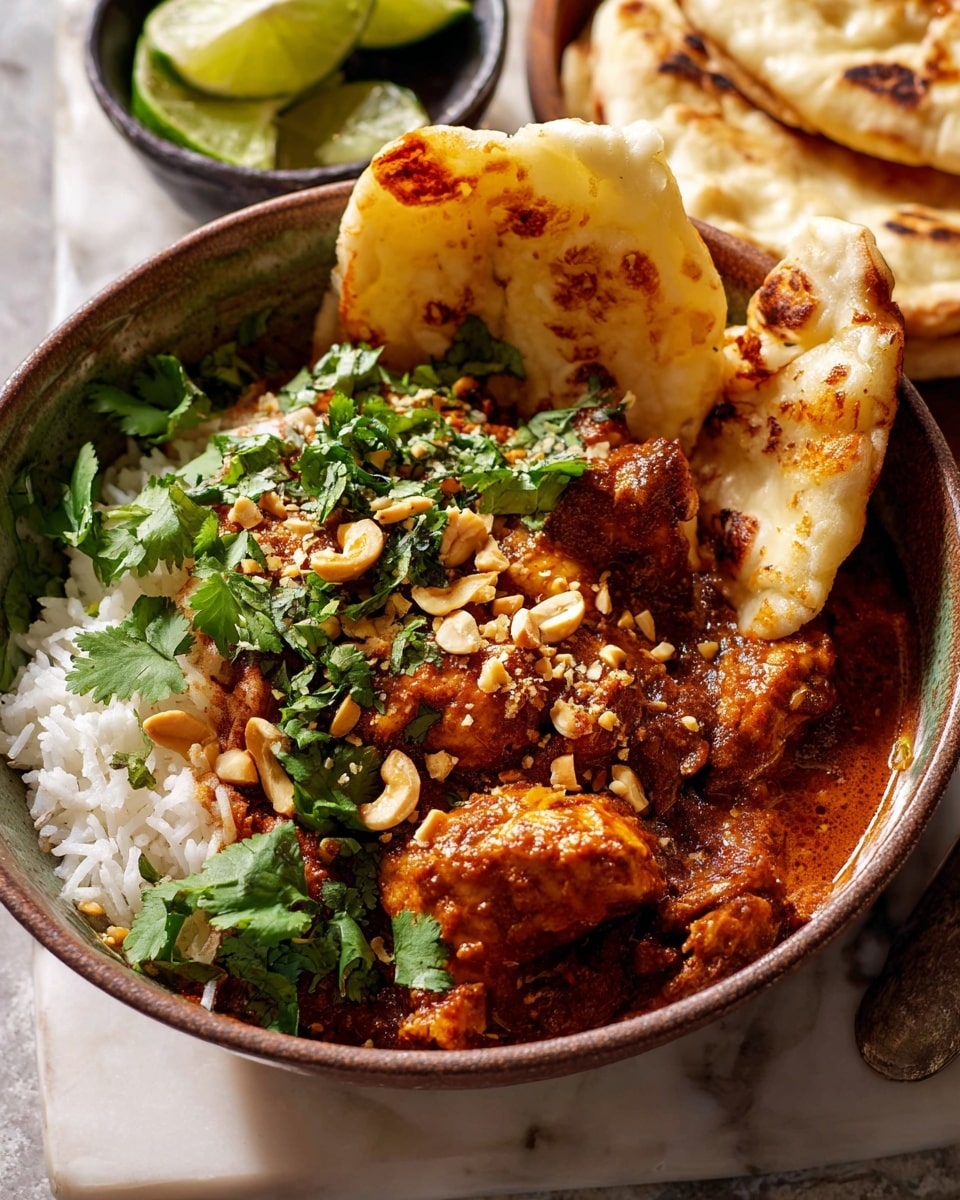 A bowl filled with three main layers: the bottom layer is white cooked rice, the middle layer is rich brown-red curry sauce covering tender-looking chicken pieces, and the top layer is fresh green cilantro leaves and crushed nuts scattered over the curry. On the side inside the bowl, there are two pieces of light golden toasted naan bread leaning against the edge. The bowl is placed on a white marbled surface with part of a white marbled board visible underneath, holding extra folded naan bread, and a small dark bowl with lime wedges in the blurred background. Photo taken with an iphone --ar 4:5 --v 7
