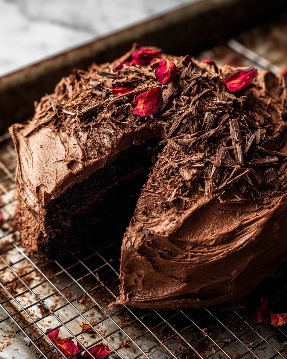 A round chocolate cake with one slice cut out showing its dark inside is placed on a wire rack over a rusty tray. The cake has two thick layers of smooth, swirled chocolate frosting covering the top and sides. The top is decorated with rough chocolate shavings scattered unevenly, along with a few bright red dried rose petals adding a pop of color. The rich texture of the frosting has visible swirling patterns and a creamy look, making the cake appear soft and dense. The background is a white marbled texture. Photo taken with an iphone --ar 4:5 --v 7