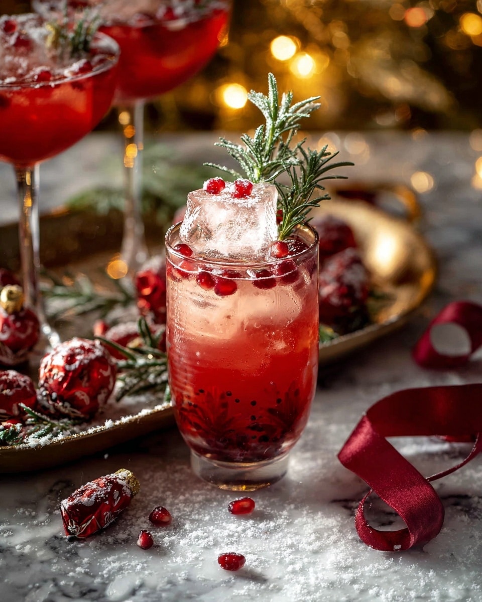 A tall clear glass with a round bowl holds a layered red drink filled with ice cubes. The liquid is a bright red with small bubbles and tiny dark specks at the bottom. On top sits a large clear ice cube, decorated with small red pomegranate seeds and green sprigs of frosted rosemary. The scene is set on a white marbled surface dusted with snowy white powder, scattered with a few loose pomegranate seeds and red ornaments designed to look like wrapped candies. There is a shiny golden tray in the background holding similar red drinks and more candy-like decorations, softly lit by warm yellow lights. A deep red ribbon curls gently across the bottom right corner of the image. photo taken with an iphone --ar 4:5 --v 7