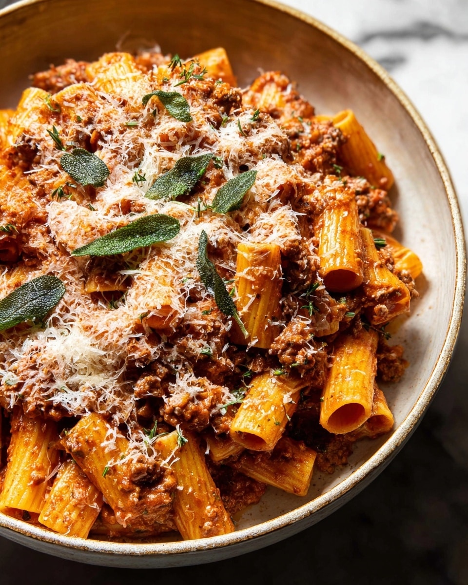 A close-up view of a bowl filled with rigatoni pasta covered in a rich, brownish-red meat sauce with visible small bits of ground meat; the pasta is mixed evenly with the sauce, giving it a coated texture. On top, there is a generous layer of fine white grated cheese sprinkled throughout, with some fresh green herbs and whole fried sage leaves scattered over the dish. The large white bowl sits on a white marbled surface, showing texture and depth in the pasta pieces. photo taken with an iphone --ar 4:5 --v 7