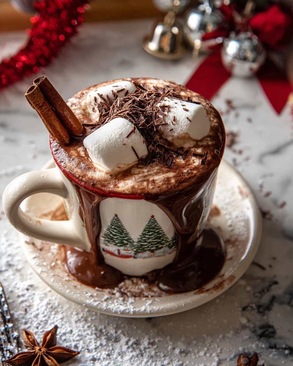 A festive mug filled with rich chocolate hot cocoa, topped with three large white marshmallows partially melted into the frothy brown drink, sprinkled with thin dark chocolate shavings. The mug, decorated with a winter tree design and a red rim, rests on a white saucer. Two cinnamon sticks and a whole star anise are placed on the left side of the mug handle. The mug is slightly overflowing, with cocoa dripping down the side. Around the mug, on a white marbled surface, there is scattered powdered sugar, a silver jingle bell tied with a red ribbon, and some blurred holiday decorations in the background. photo taken with an iphone --ar 4:5 --v 7