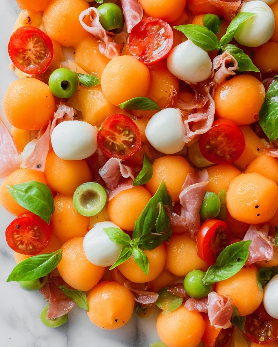 The image shows a close-up of a colorful salad made of multiple layers. The main layer consists of bright orange cantaloupe melon balls spread all over. Scattered among them are small, round white mozzarella balls with a smooth texture. Halved cherry tomatoes add a rich red color, some showing their juicy interior. Sliced green olives and small pieces of green basil leaves provide splashes of bright green. Thin slices of pinkish cured meat are scattered softly around the salad. The salad appears fresh with a slight shine from a light dressing, all placed on a white marbled surface. Photo taken with an iphone --ar 4:5 --v 7