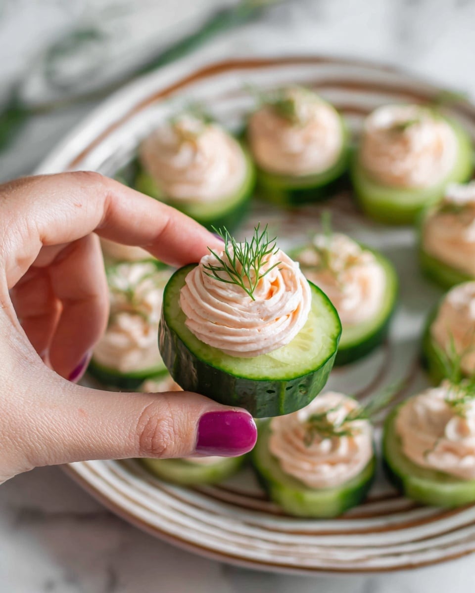 A close-up of a woman's hand holding a small round cucumber cup filled with a swirled, light pink creamy topping, garnished with a small sprig of fresh green dill on top. The cucumber slice is thick with a dark green outer skin and a lighter green inner flesh. In the background, there is a white plate with brown stripes, filled with several more cucumber cups filled with the same creamy topping and dill garnish, all placed on a white marbled surface. The lighting highlights the fresh texture of the cucumber and the smooth swirl of the topping. photo taken with an iphone --ar 4:5 --v 7