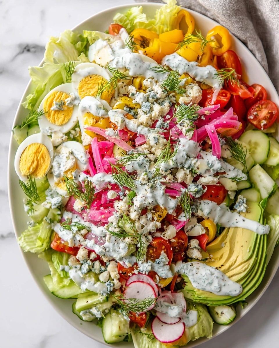 The image shows a large salad on a white plate, placed on a white marbled surface. The salad has many layers and colors starting with a base of green lettuce leaves. On top are slices of avocado with a smooth green texture, hard boiled eggs cut in halves with yellow yolks, and red radish slices. There are also bright yellow pepper rings scattered across, along with chopped cucumbers adding a fresh green crunch. Pink pickled onions add a bright contrast, mixed with small pieces of blue cheese which are crumbly and light blue in color. Cherry tomato halves peek through, adding pops of red. The salad is dressed with a white creamy sauce drizzled over the top and garnished with small sprigs of fresh green dill. photo taken with an iphone --ar 4:5 --v 7