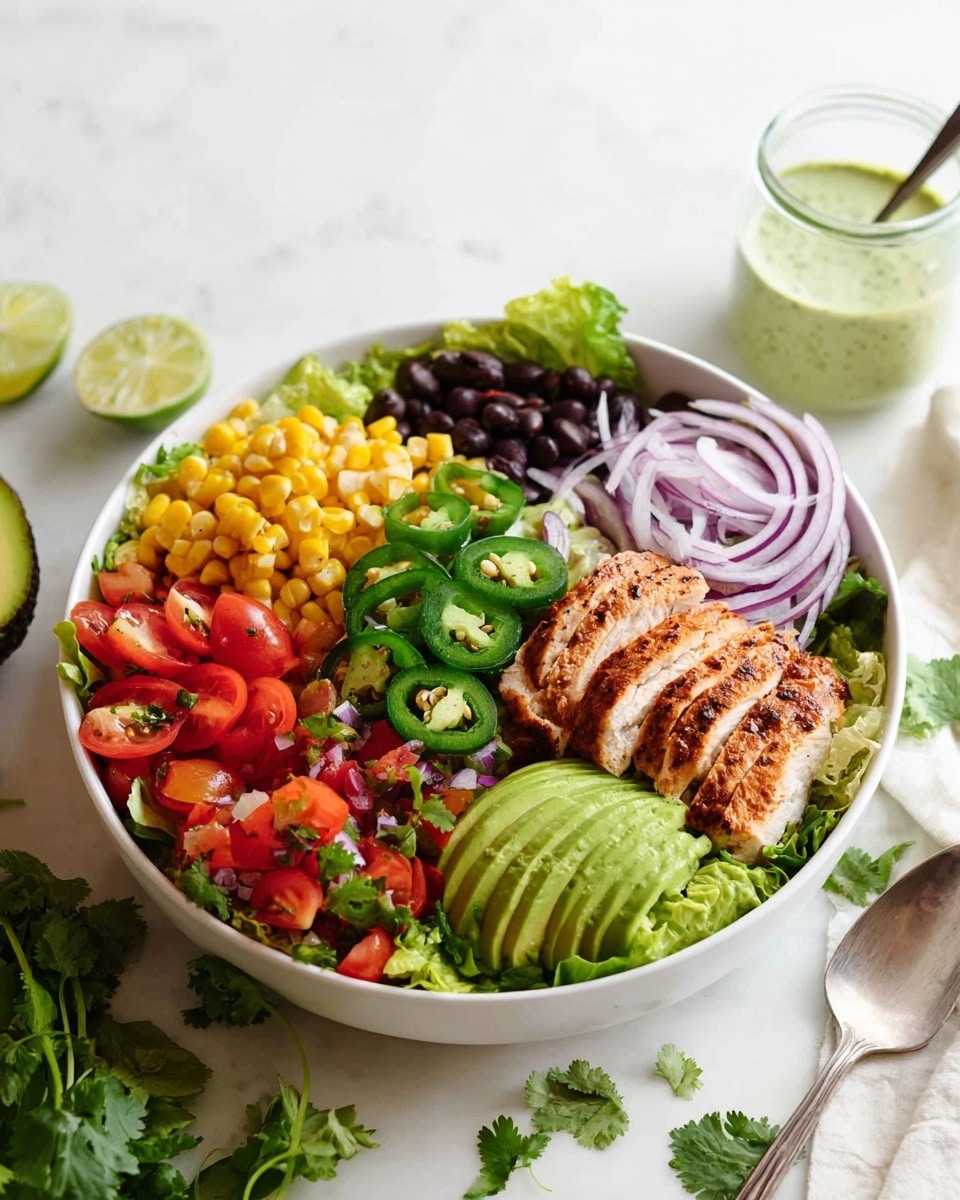 A white bowl filled with many colorful layers sits on a white marbled surface. Starting at the bottom, there is a bed of green leafy lettuce. On top of this, there are several sections arranged around the bowl: bright red cherry tomato halves, thinly sliced red onion, fresh green cilantro leaves, several slices of grilled chicken breast with a golden-brown outside, yellow sweet corn kernels, thinly sliced avocado fanned out in light green layers, small chopped red bell peppers, black beans, and medium green sliced jalapeño peppers placed on top. In the back, there is a small glass jar with green dressing and a spoon inside. Some cilantro sprigs and lime slices are on the surface near the bowl. Photo taken with an iphone --ar 4:5 --v 7