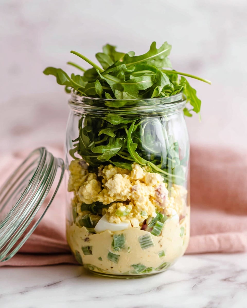 A clear glass jar filled with two main layers stacked inside: the bottom layer is a creamy, chunky egg salad mixed with green onions and small pieces of vegetables, showing a pale yellow color with hints of white and green; the top layer is fresh, dark green arugula leaves that stand tall above the egg salad, adding a leafy texture; the jar lid is open, held by a woman's hand near a soft pink napkin, all set against a white marbled surface. photo taken with an iphone --ar 4:5 --v 7