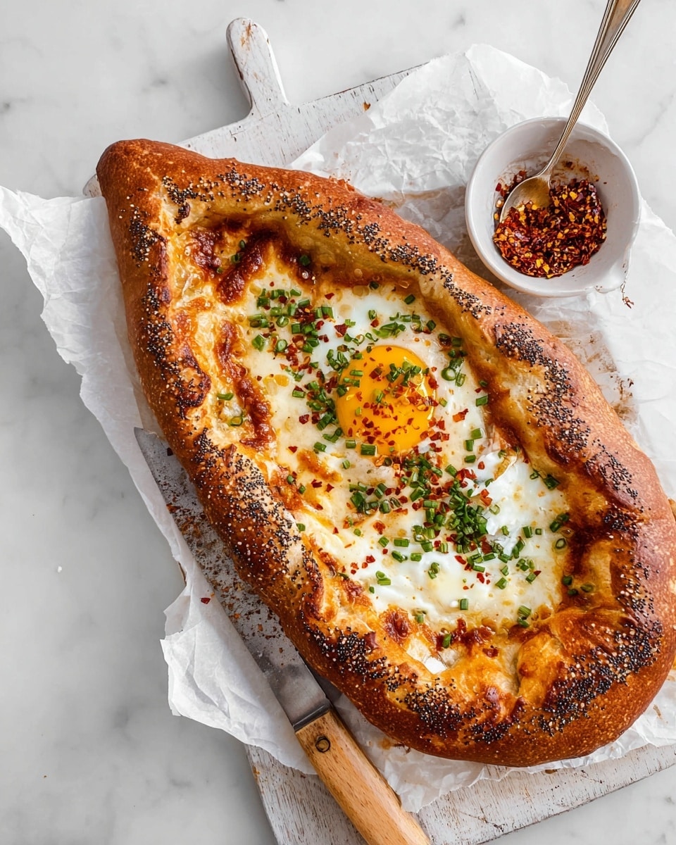 A boat-shaped golden brown bread with a thick, crusty edge sprinkled with black and white seeds, filling a white cutting board lined with crumpled parchment paper; inside, a layer of creamy melted white cheese topped with a partially runny baked egg yolk, sprinkled with chopped green herbs and red chili flakes, accompanied by a small white bowl of chili flakes with a wooden spoon resting on it, and a knife with a light wooden handle placed on the cutting board, all set on a white marbled surface photo taken with an iphone --ar 4:5 --v 7
