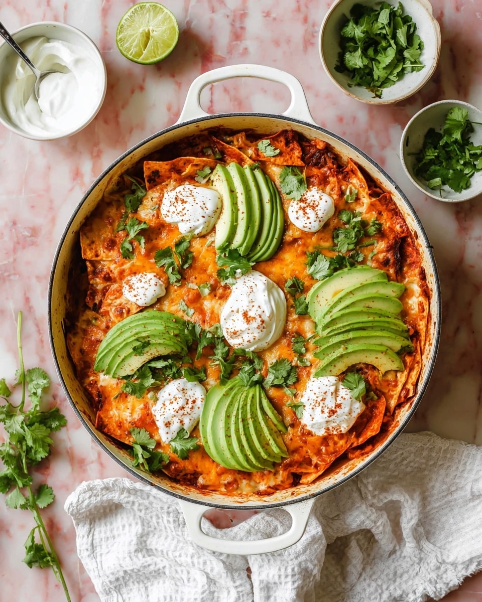 A white skillet filled with a layered dish starting at the bottom with crispy, slightly browned tortilla chips covered in a rich red sauce and melted orange cheese. On top, there are four neatly sliced green avocado fans, each placed evenly around the skillet with dollops of white sour cream sprinkled with a light dusting of red spice. Fresh green cilantro leaves are scattered over everything, adding freshness and color contrast. The skillet sits on a white marbled surface with a white cloth nearby and small white bowls containing sour cream, a squeezed lime, and more cilantro around it. Photo taken with an iphone --ar 4:5 --v 7