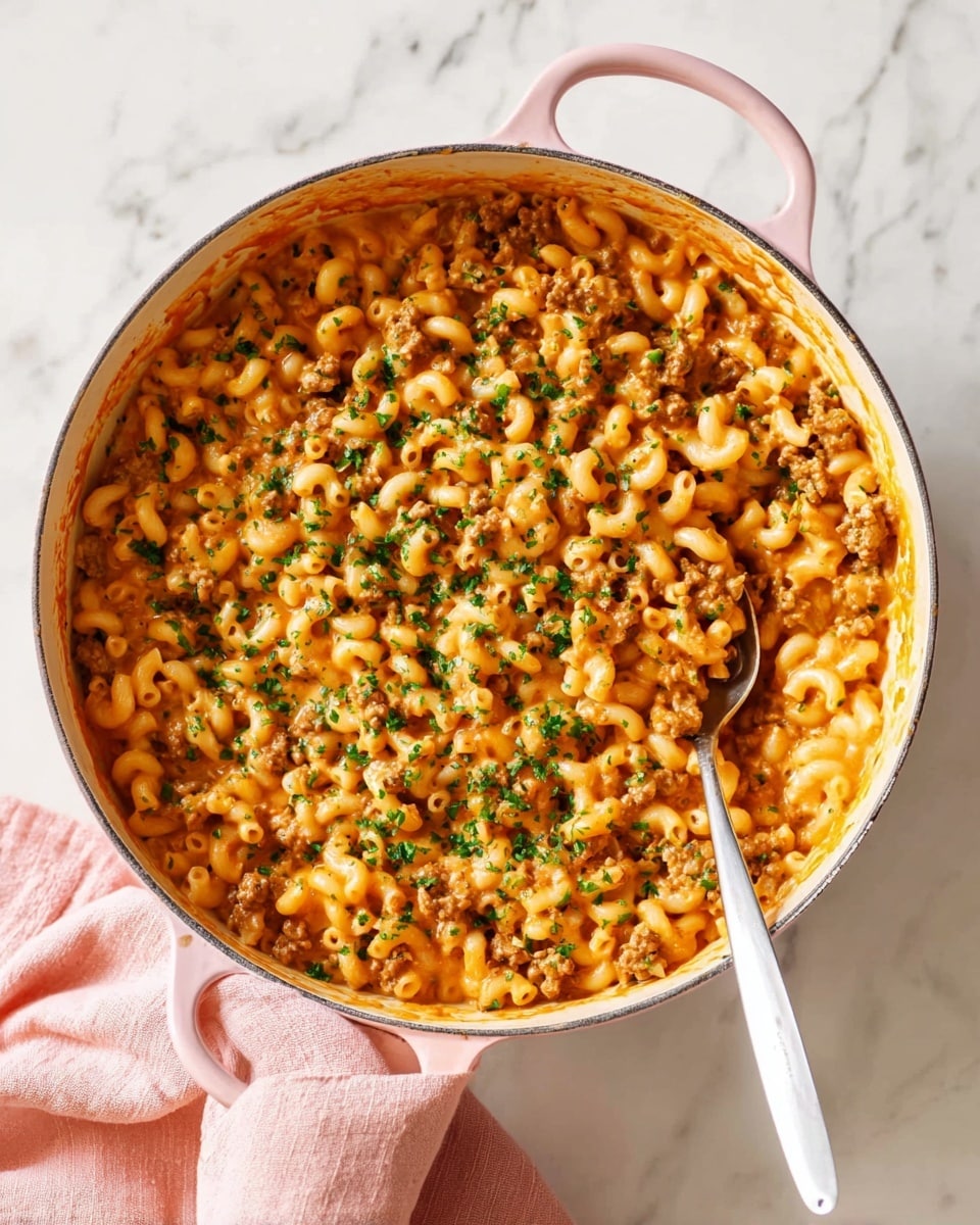 A large, round white pot with pale pink handles holds a creamy macaroni and cheese dish mixed with ground meat. The macaroni is small, curved, and covered in a light orange cheesy sauce with visible bits of browned ground meat spread evenly throughout. The dish is topped with chopped green herbs sprinkled over the macaroni, adding a fresh pop of color. A silver spoon is partially dipped into the macaroni on the right side of the pot. Under the pot is a pale pink cloth resting on a white marbled surface. Photo taken with an iphone --ar 4:5 --v 7