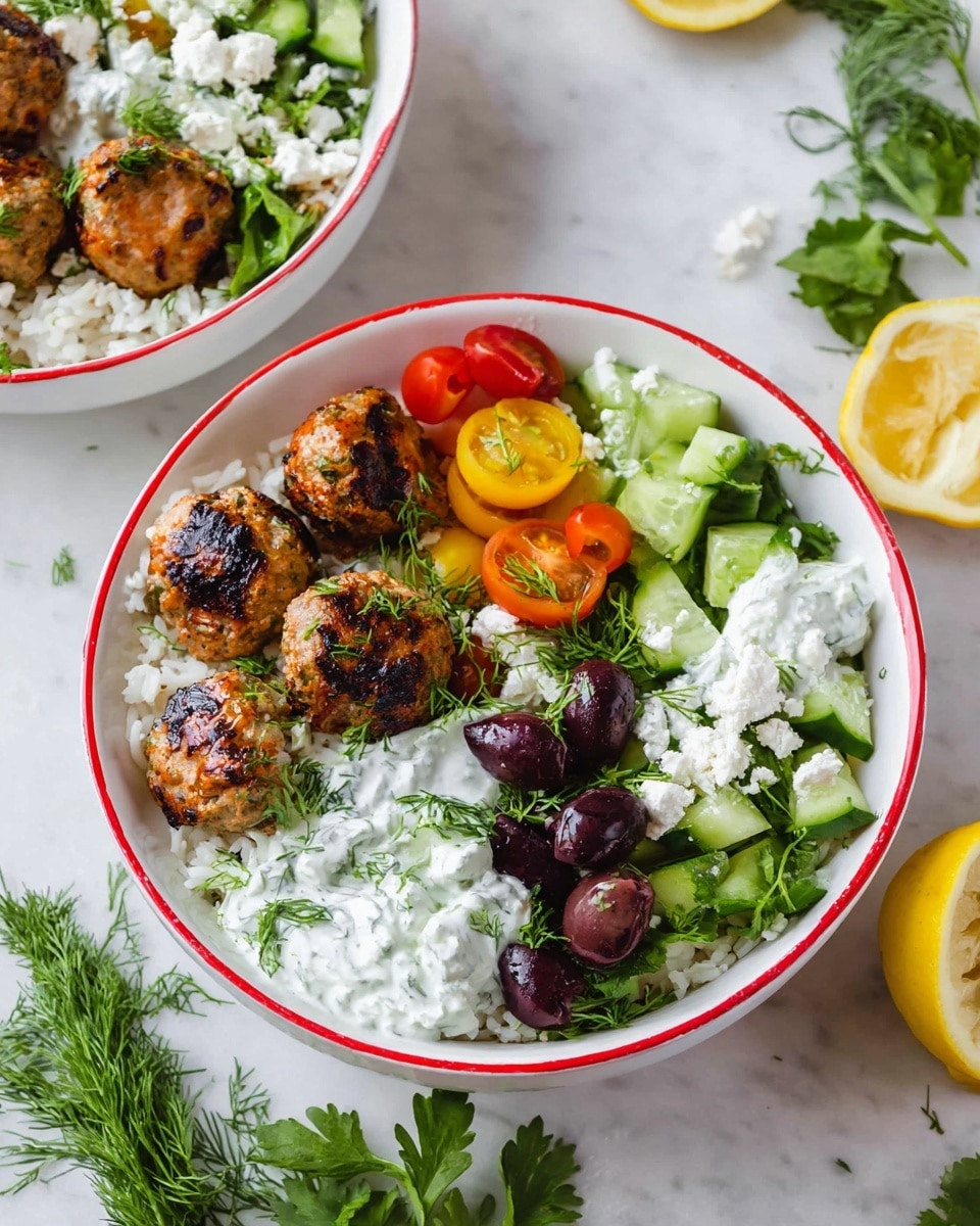 The image shows two white bowls with red rims placed on a white marbled surface. Each bowl has a base layer of white rice, topped with golden-brown, grilled meatballs spread on one side. One section of the bowls holds light, creamy white tzatziki sauce with green herb flecks. Another part contains fresh, chopped bright green cucumbers, followed by dark purple olives next to small, colorful cherry tomato halves in shades of red, yellow, and orange. Crumbled white feta cheese and sprigs of fresh green dill are scattered over the top, adding texture and color. A lemon wedge sits near the edge of the bowl in the foreground, and fresh green herbs are visible around the bowls. Photo taken with an iphone --ar 4:5 --v 7