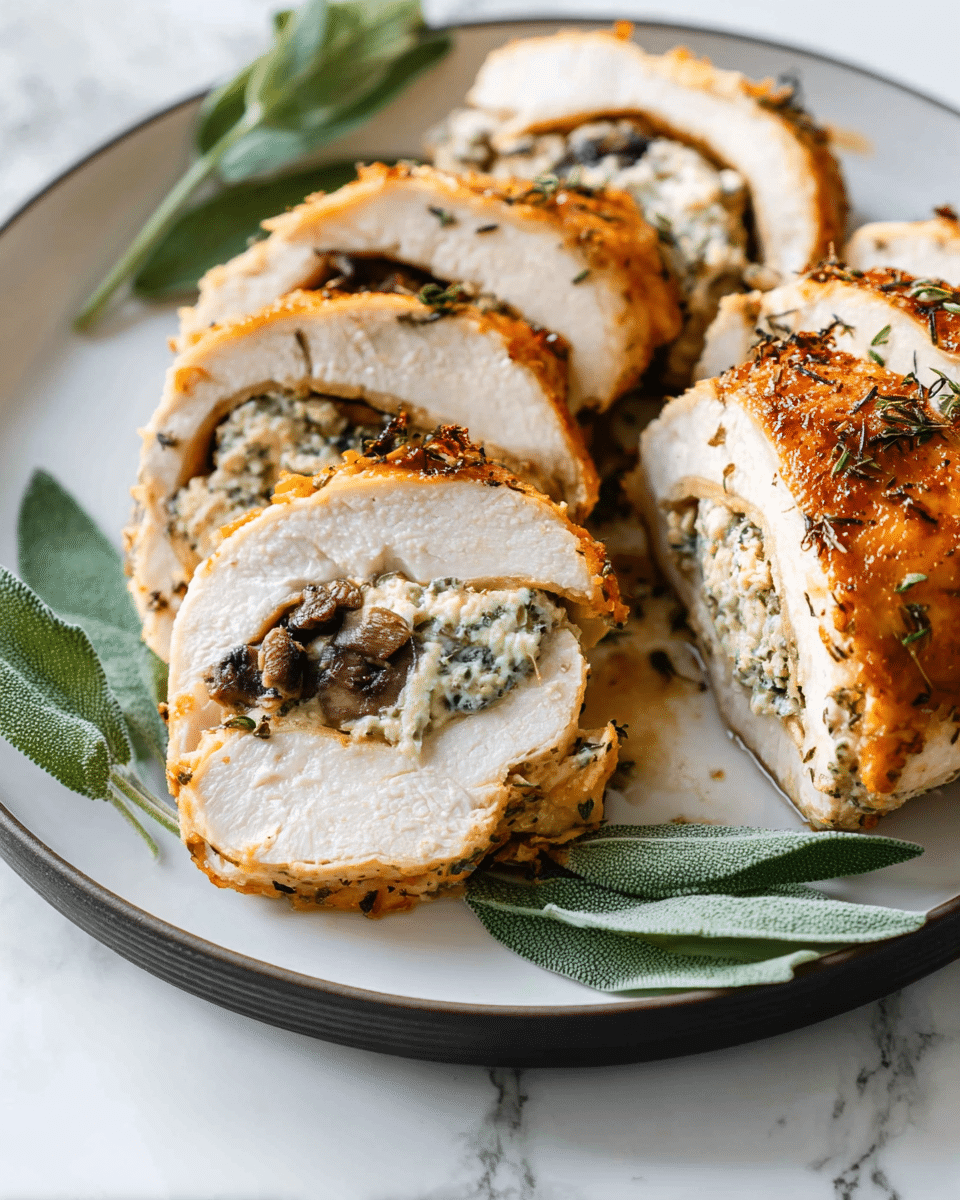 The image shows several slices of stuffed chicken breast arranged in a circle on a white plate with a dark rim. Each slice has a golden-brown, slightly crispy outer layer with visible herbs, and a thick white inner chicken meat layer. Inside, there is a creamy filling that appears light grey with small chunks of dark mushrooms. The plate is set on a white marbled surface, and there are fresh green sage leaves placed on the upper left edge of the plate. photo taken with an iphone --ar 4:5 --v 7