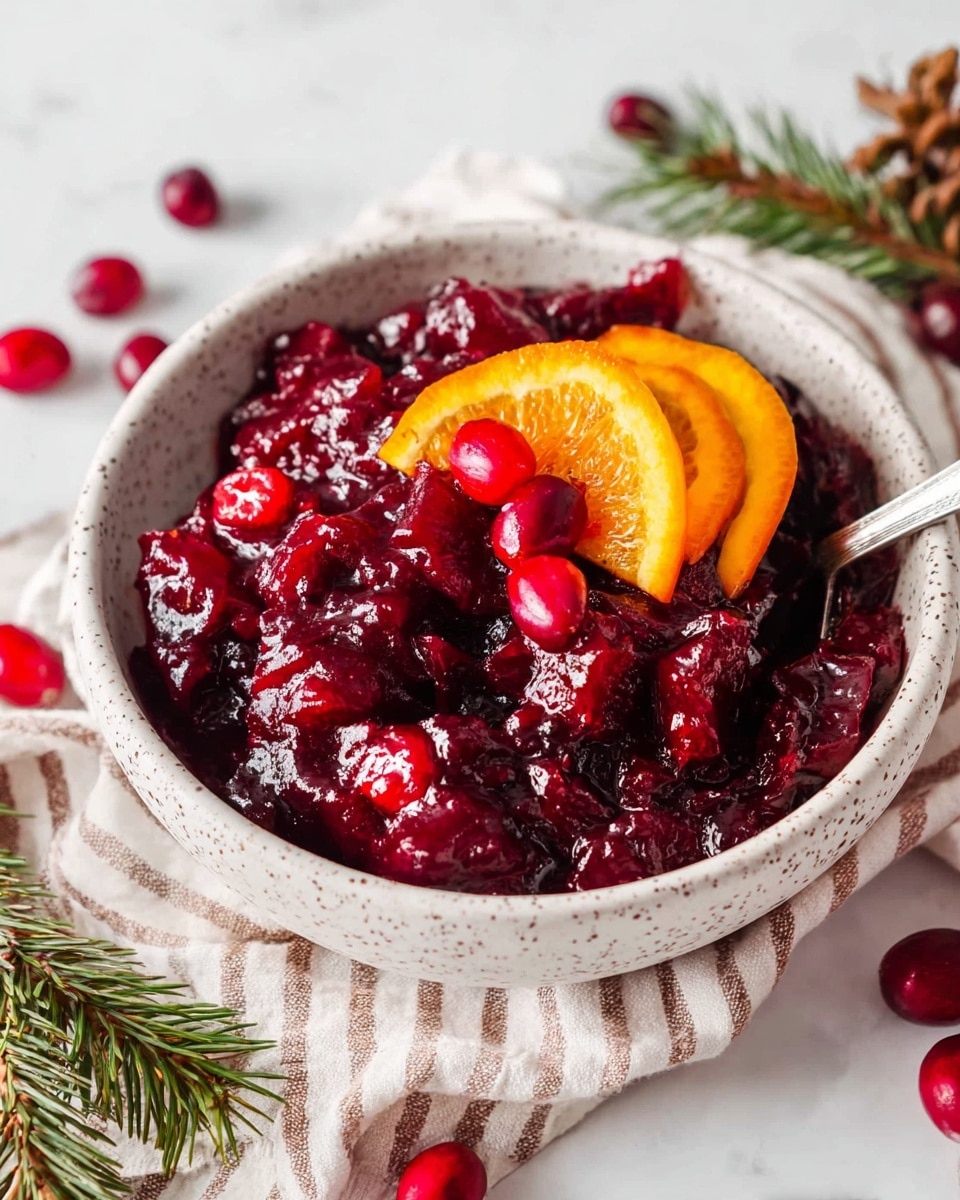 A white speckled bowl filled with a dark red chunky cranberry sauce, showing thick pieces of cranberries and a glossy texture. On top, there are two orange slices and a few whole red cranberries adding bright color contrast. A silver spoon is partially inside the bowl on the right side. The bowl rests on a white and beige striped cloth, with scattered whole cranberries and some green pine leaves around it, all set on a white marbled surface. photo taken with an iphone --ar 4:5 --v 7