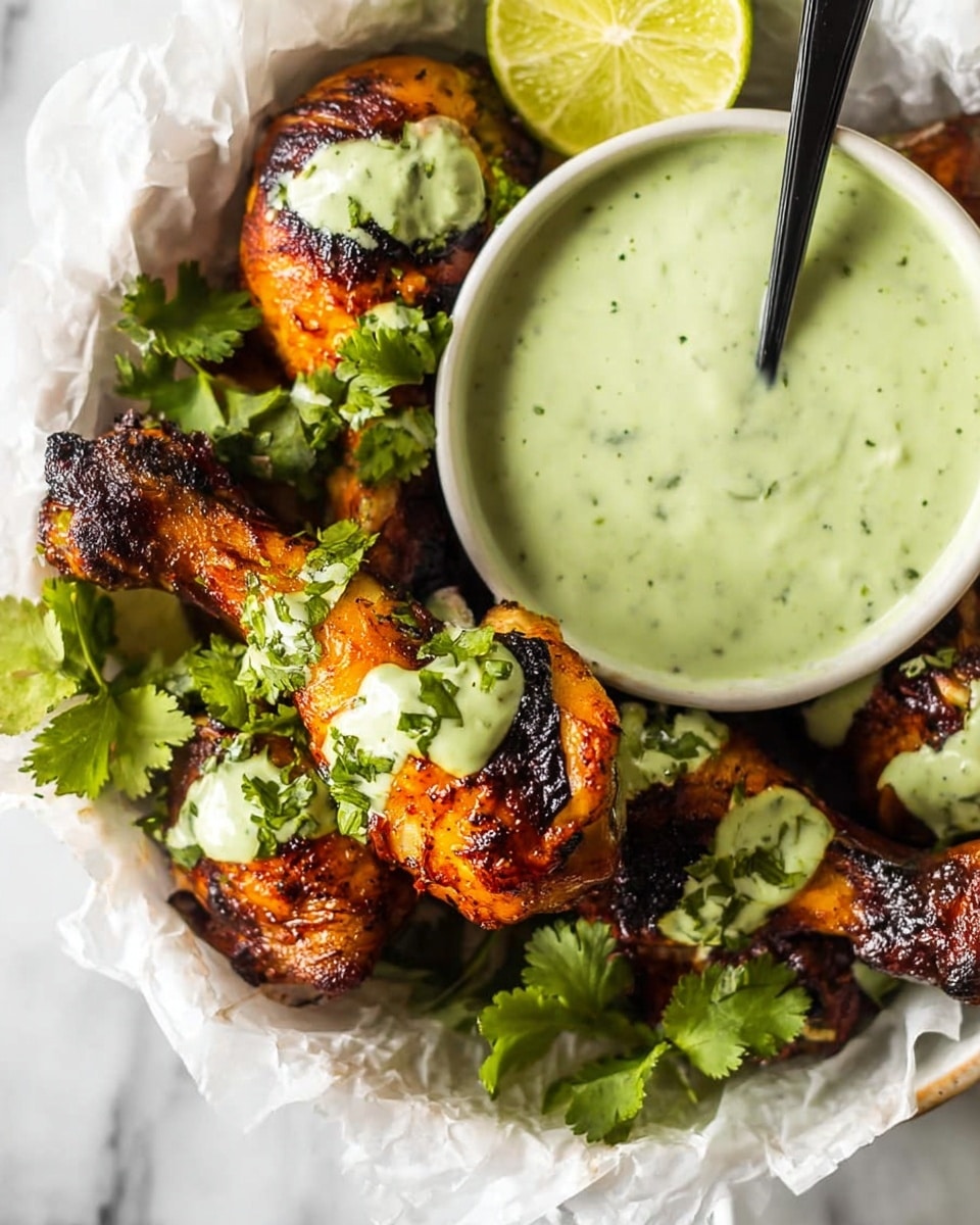 A close-up of a white bowl filled with light green creamy sauce with small dark green specks, a black spoon inside it; below and around the bowl, several grilled chicken drumsticks with a charred, crispy textured brown and orange skin, each topped with dollops of the green sauce and garnished with bright green cilantro leaves. Among the drumsticks, there is a squeezed half of a lime showing its greenish-yellow interior. The food rests on white parchment paper inside a round white container, all set on a white marbled surface. photo taken with an iphone --ar 4:5 --v 7
