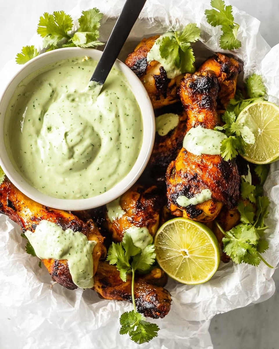 The image shows a white bowl filled with light green creamy sauce with tiny green flecks, placed among a pile of grilled chicken drumsticks that have a charred, crispy skin with brown and black spots. Each drumstick is topped with dollops of the same green sauce, and fresh cilantro leaves are scattered around and on top of the chicken. There is a sliced lime half with its inside facing up, showing a juicy, slightly squished texture. The food rests on white parchment paper with a white marbled textured surface underneath. A black spoon is partly inside the white bowl of sauce. photo taken with an iphone --ar 4:5 --v 7