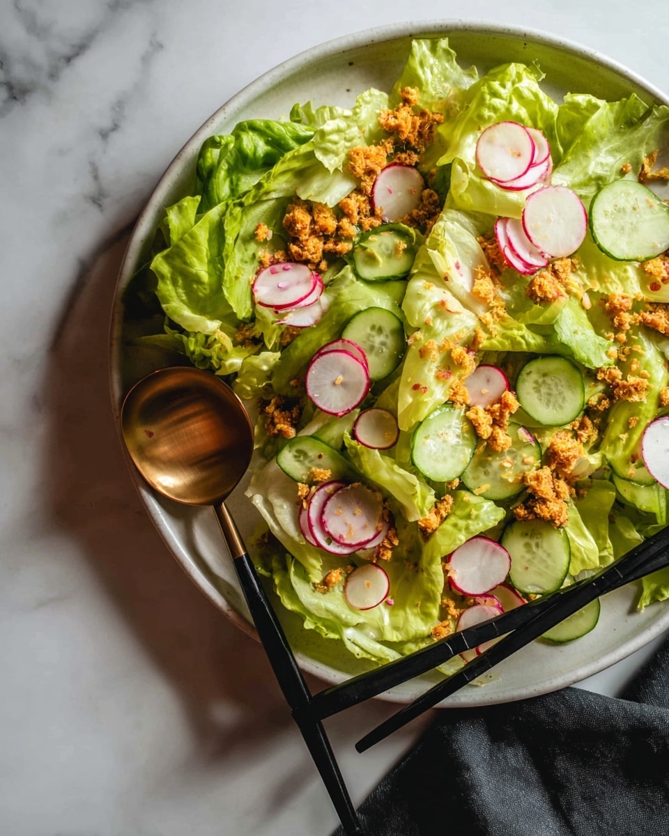 A fresh salad is shown on a white plate with a white marbled surface underneath. The salad has three layers: the bottom layer is bright green crisp lettuce leaves, the middle layer is thin round slices of cucumber and radish with white centers and red edges, and the top layer is scattered small golden-brown crunchy pieces. There is a shiny golden spoon and black chopsticks resting on the plate’s side, with some radish slices near them. The lighting shows the freshness and vivid colors of the salad. photo taken with an iphone --ar 4:5 --v 7