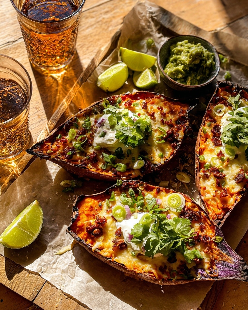 The image shows three halves of roasted purple-skinned sweet potatoes, each topped with a thick layer of melted golden-brown cheese mixed with small, crispy chunks of browned meat. On top of the cheese and meat, there is a dollop of bright green, chunky guacamole and a spoonful of smooth, white sour cream, sprinkled with fresh chopped green onions and bright green cilantro. The sweet potatoes sit on brown parchment paper over a wire rack, with several bright green lime wedges placed nearby. To the left, there is a bowl full of fresh chopped cilantro, and to the right, a clear glass of amber-colored drink is visible. A knife with a wooden handle rests near the lime wedges. The background surface has a white marbled texture. photo taken with an iphone --ar 4:5 --v 7