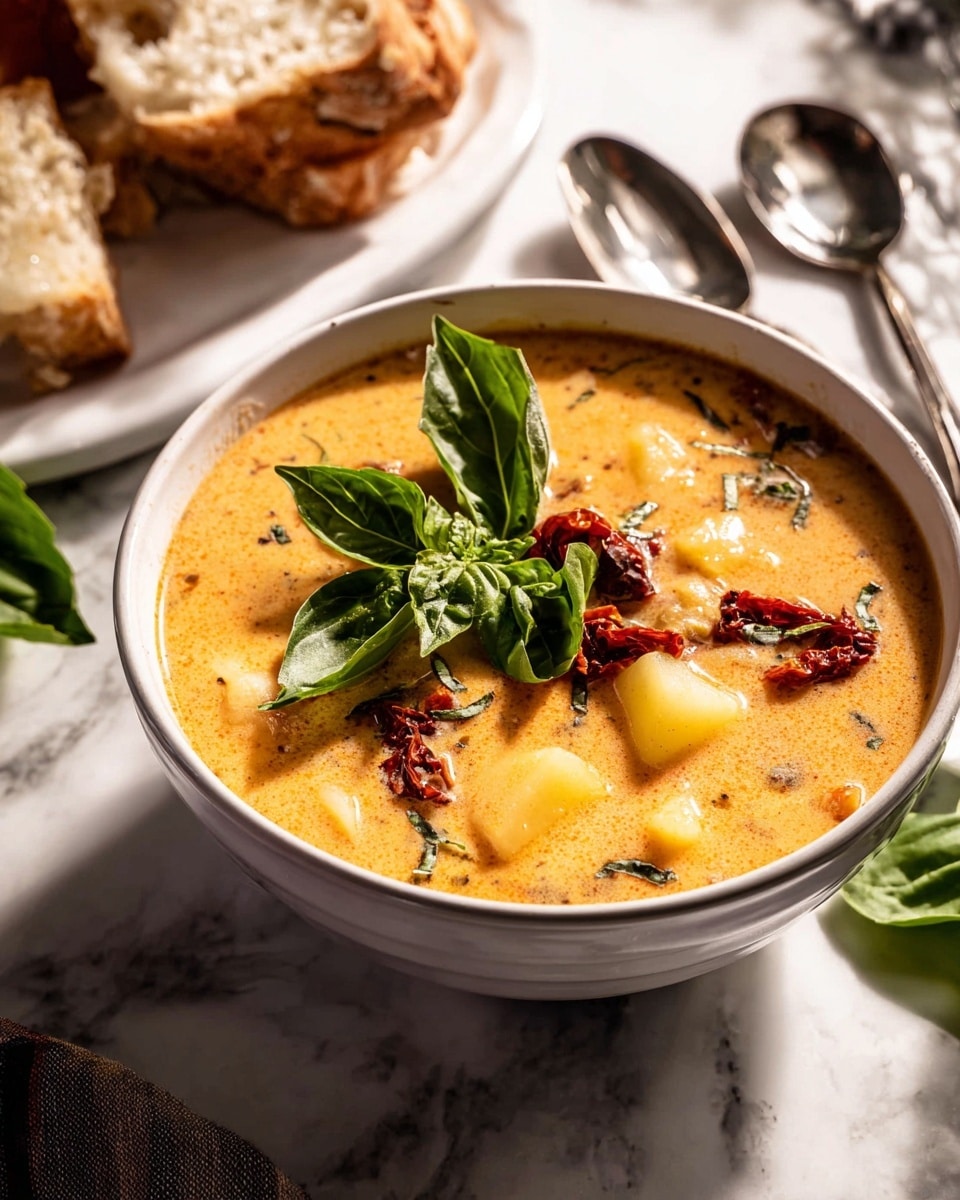 A white bowl filled with a creamy orange soup, showing chunks of light yellow potatoes and pieces of dark red sun-dried tomatoes floating on the surface; on top, there is a small bunch of fresh, bright green basil leaves placed near the center, adding a fresh touch; in the background, pieces of crusty, golden brown bread rest on the white marbled surface, along with two silver spoons placed on a white plate beside the bowl, capturing warm, natural light creating soft shadows around the elements; photo taken with an iphone --ar 4:5 --v 7