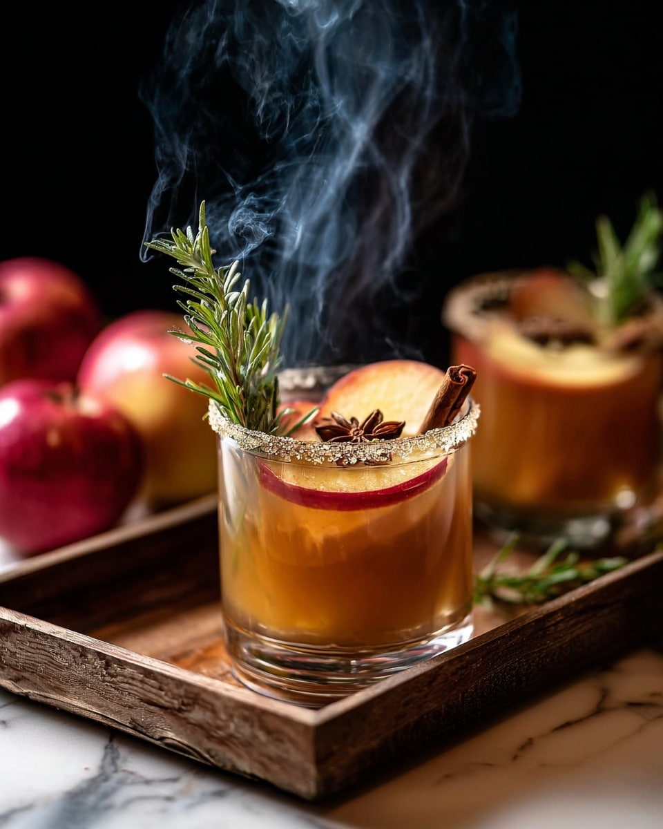 A clear glass holds a warm brown drink with a thin slice of red apple submerged inside near the bottom. The glass rim is coated with coarse sugar crystals. Floating on top is a small sprig of fresh green rosemary, a cinnamon stick, and a star anise pod. Soft smoke rises from the glass, creating a wafting shape upward. The glass sits on a rustic wooden tray with a second similarly garnished drink blurred beside it, while several red apples rest in the background. The scene is set against a dark backdrop with a white marbled surface below. photo taken with an iphone --ar 4:5 --v 7