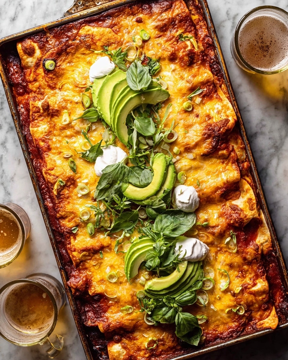 A large baking tray filled with three layers of enchilada tortillas covered in red sauce, each layer topped with melted golden and white cheese that is bubbly and slightly browned on edges. The top has a thick, central line of green avocado slices in different shapes, scattered fresh dark green basil leaves, thin light green slices of scallions, and small dollops of white sour cream, all arranged neatly in the middle. The edges of the tortillas are visible around the tray with a crispy texture. The tray sits on a white marbled surface with two glasses of light beer in the background on the left side. photo taken with an iphone --ar 4:5 --v 7
