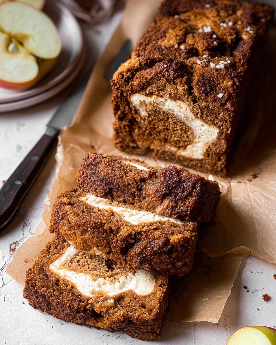 The image shows a loaf of moist bread with a rich brown crust and a crumbly texture, sliced to reveal a creamy white swirl layered inside each slice. There are three visible slices lying flat in the front with the whole loaf behind them, all resting on light brown parchment paper. The bread surface has a slightly rough and crackled look with some shiny sugar crystals on top. To the left, a white plate holds a cut apple with visible seeds, placed next to a dark knife handle. The entire scene is set on a white marbled texture. photo taken with an iphone --ar 4:5 --v 7